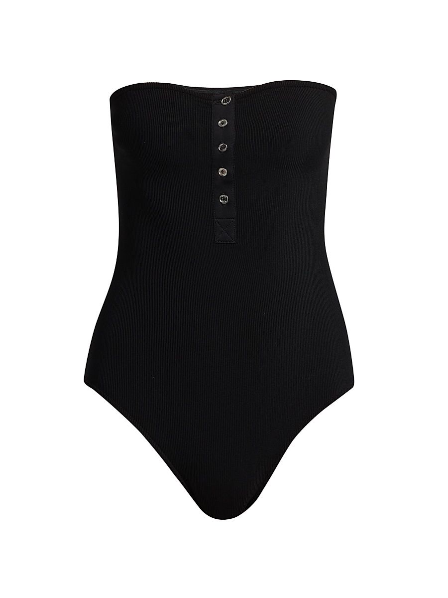 Women's Rib-Knit Strapless One-Piece Swimsuit - Black - Size XL