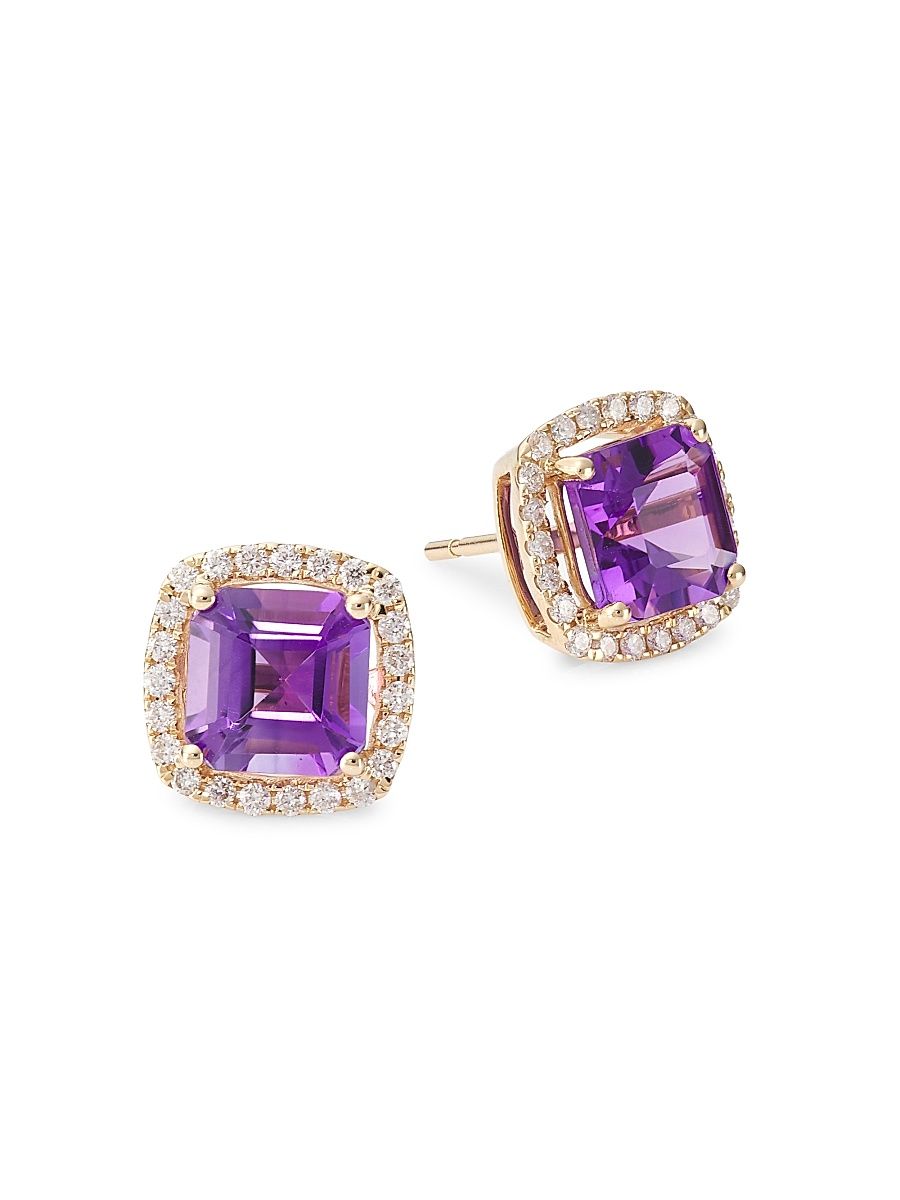 Women's 14K Gold, Diamond & Amethyst Stud Earrings - Gold