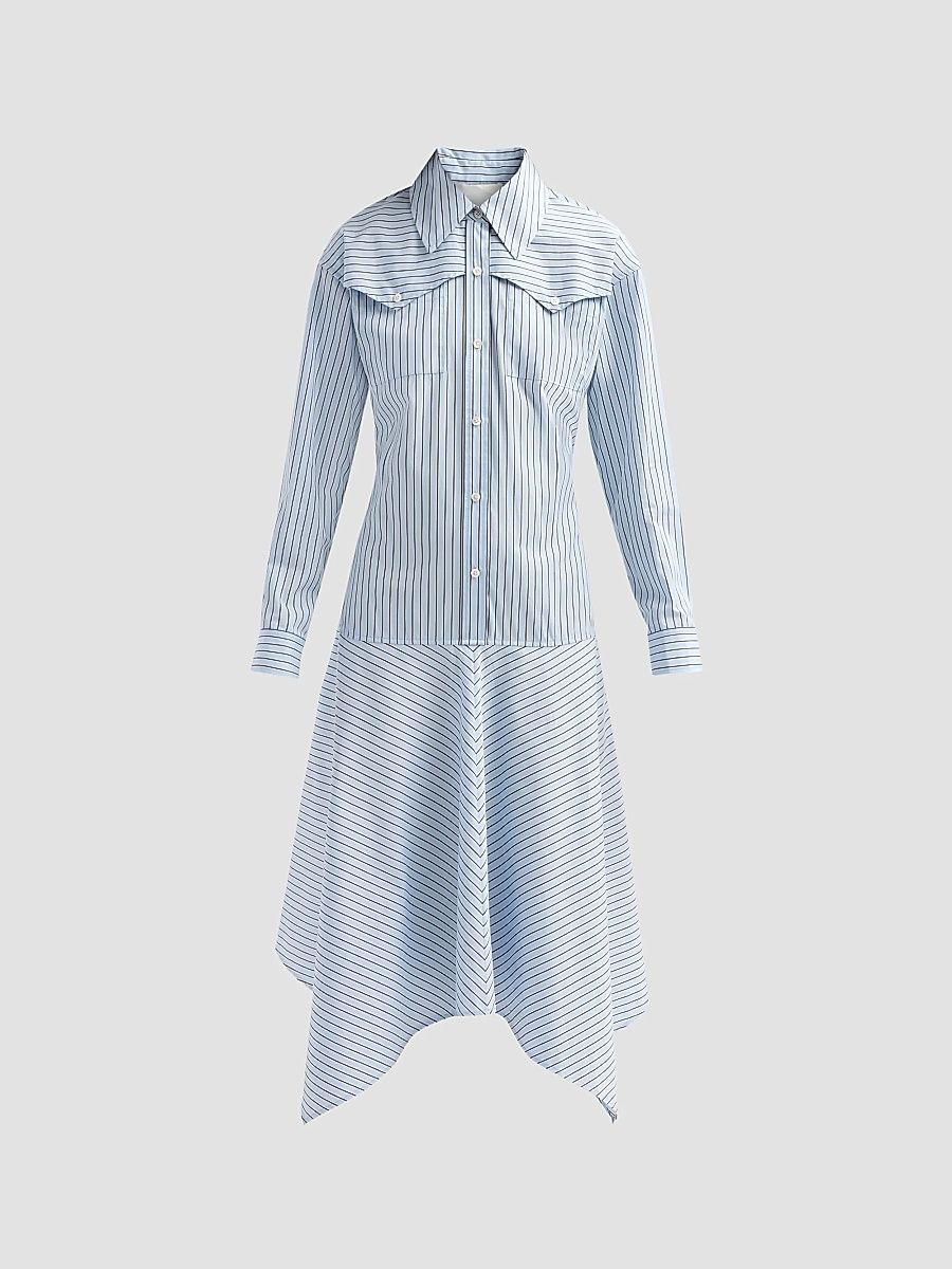 Women's Striped Cotton Poplin Handkerchief Midi Shirtdress - Sky Blue Multi - Size 12