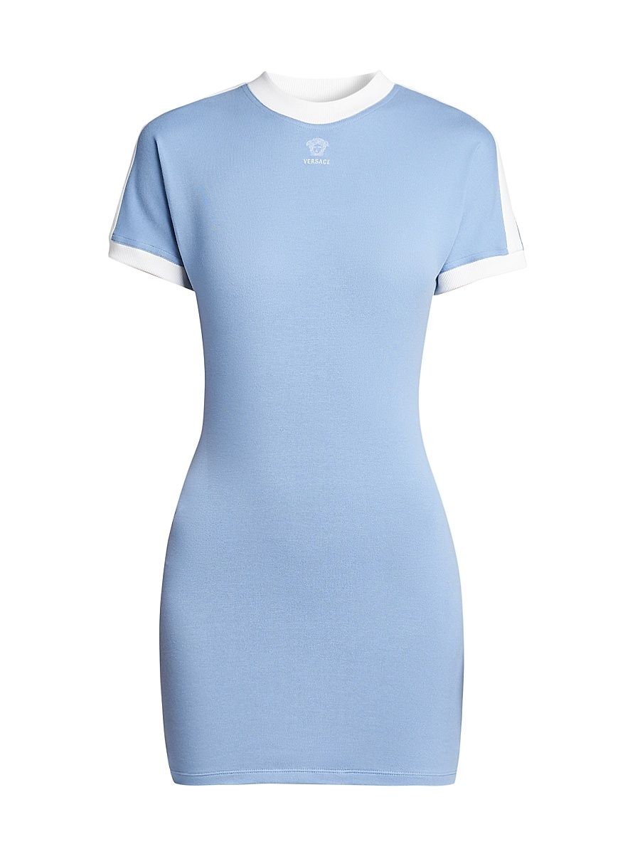 Women's La Vacanza Medusa Logo Stretch Cotton T-Shirt Dress - Dusty Blue White - Size 10