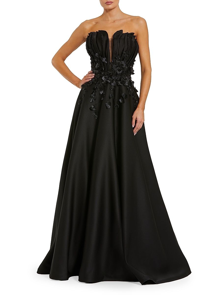 Women's Petite Satin Floral Beaded Strapless Gown - Black - Size 12