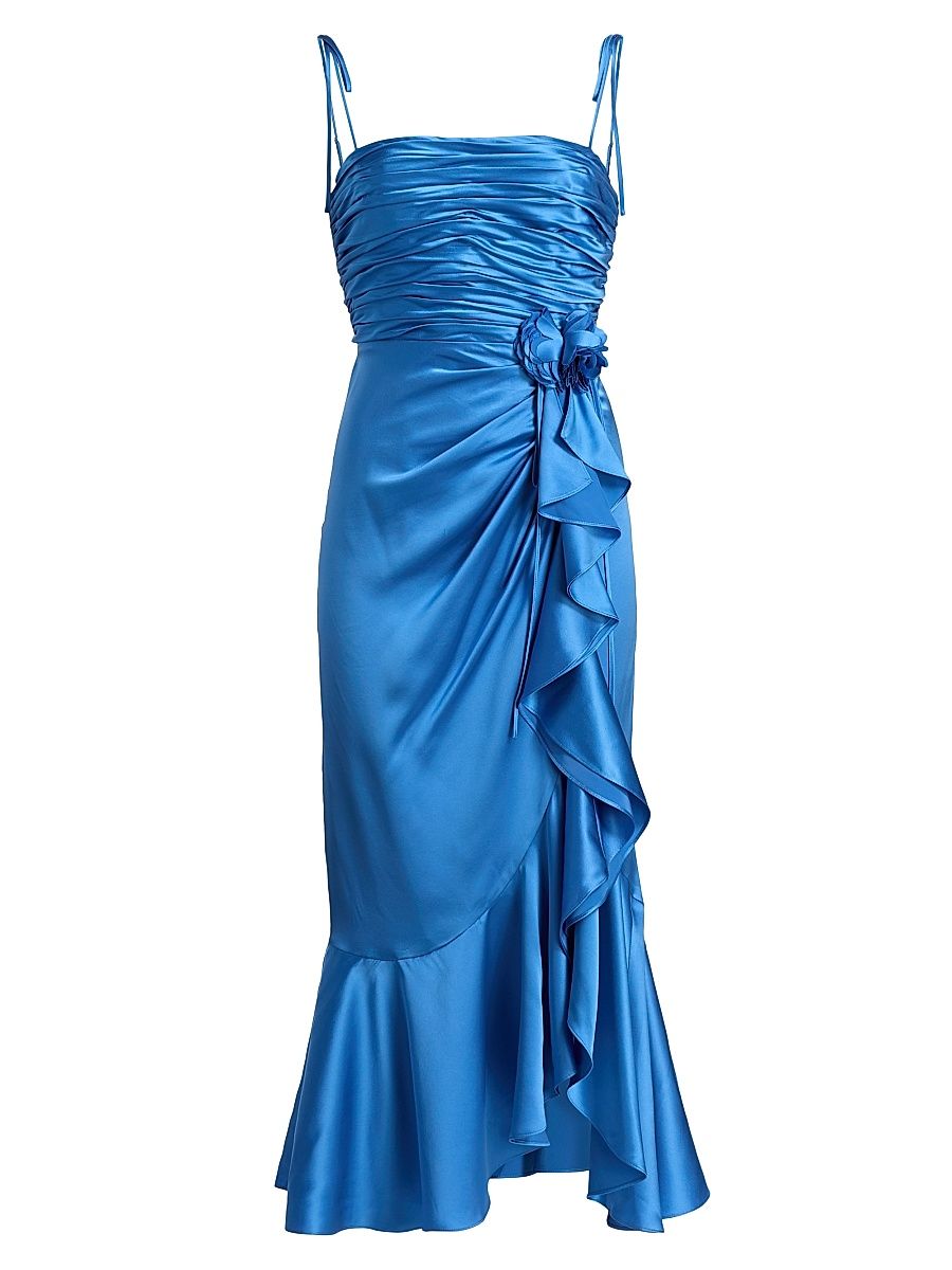 Women's Mireya Gathered Silk Midi-Dress - Cobalt Wave - Size 16