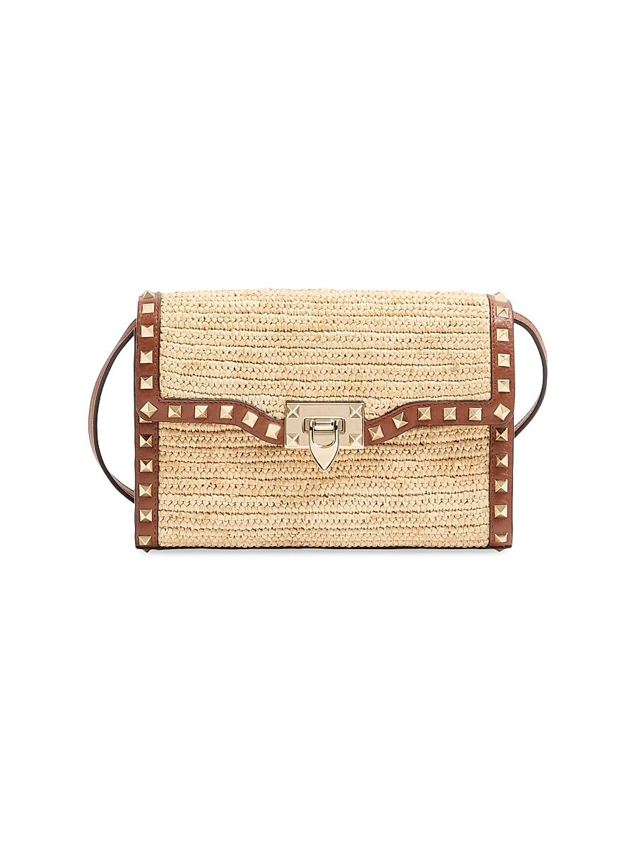 Women's Rockstud Small Shoulder Bag in Raffia - Natural
