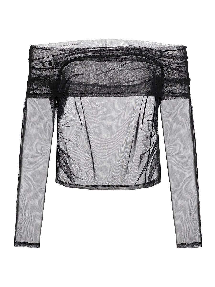 Women's Tulle Off-the-Shoulder Top - Black - Size Large