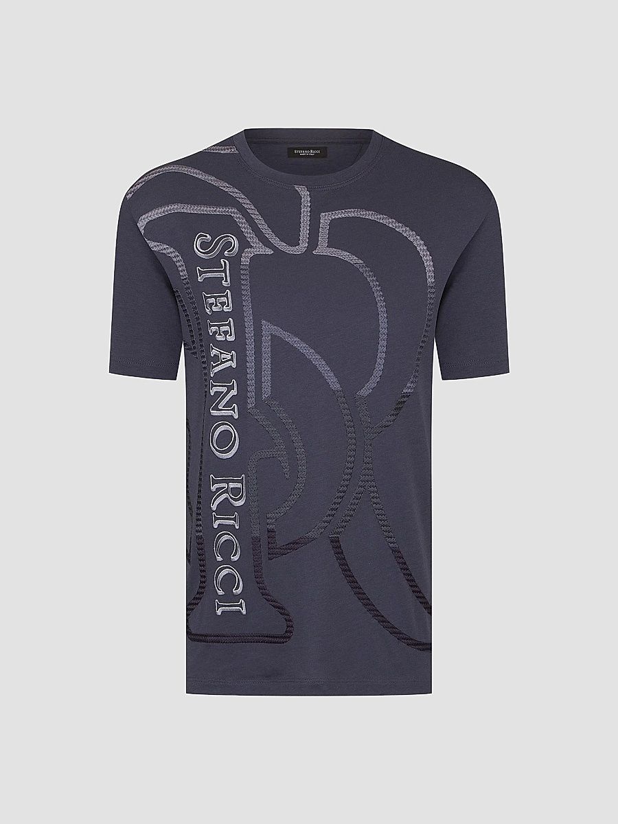 Stefano Ricci Men's Macro Logo Motif T-Shirt - Greystone Blue - Size Large