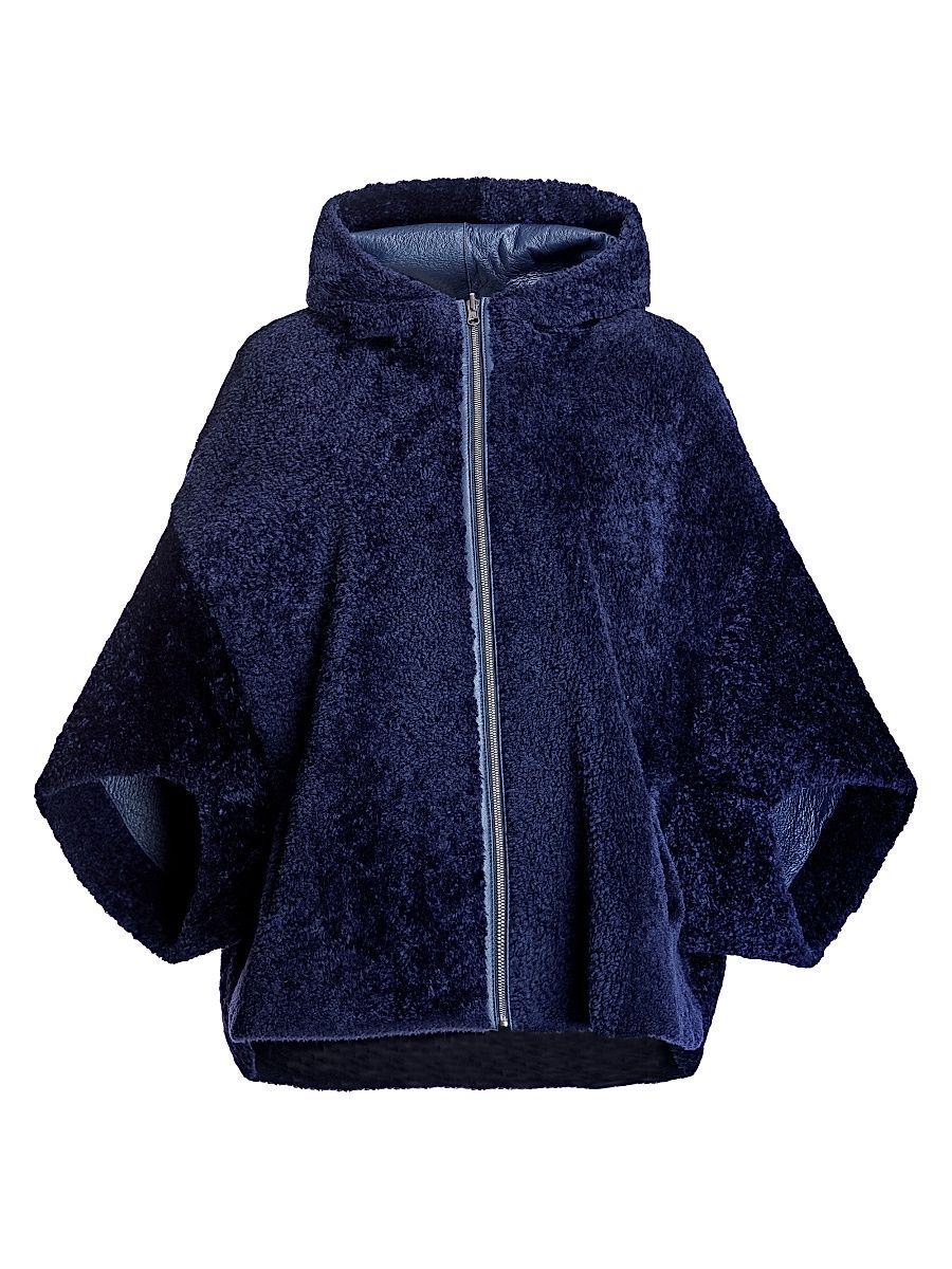 Women's Reversible Hooded Shearling Cape - Navy - Size Large