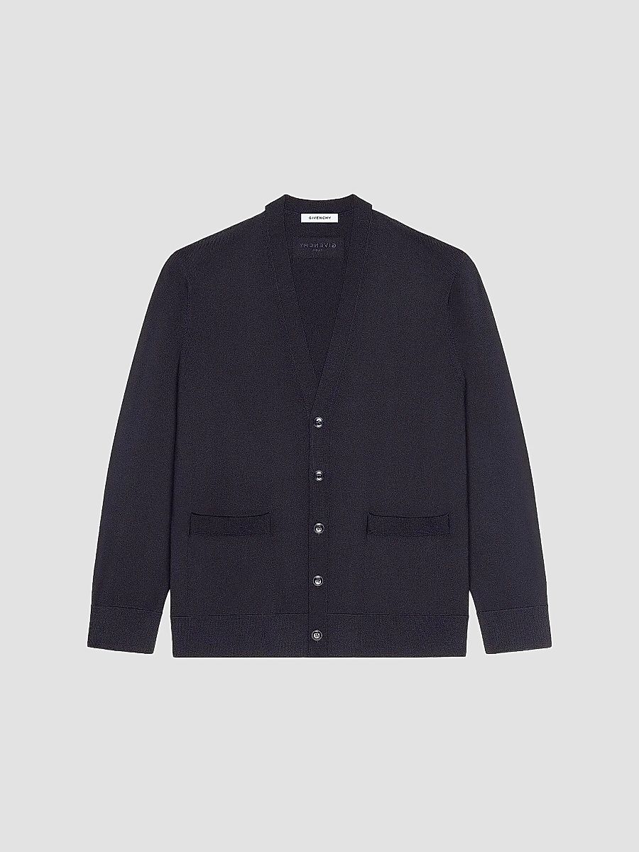 Givenchy Men's Cardigan in Wool with Gros Grain Details - Dark Navy - Size XXL