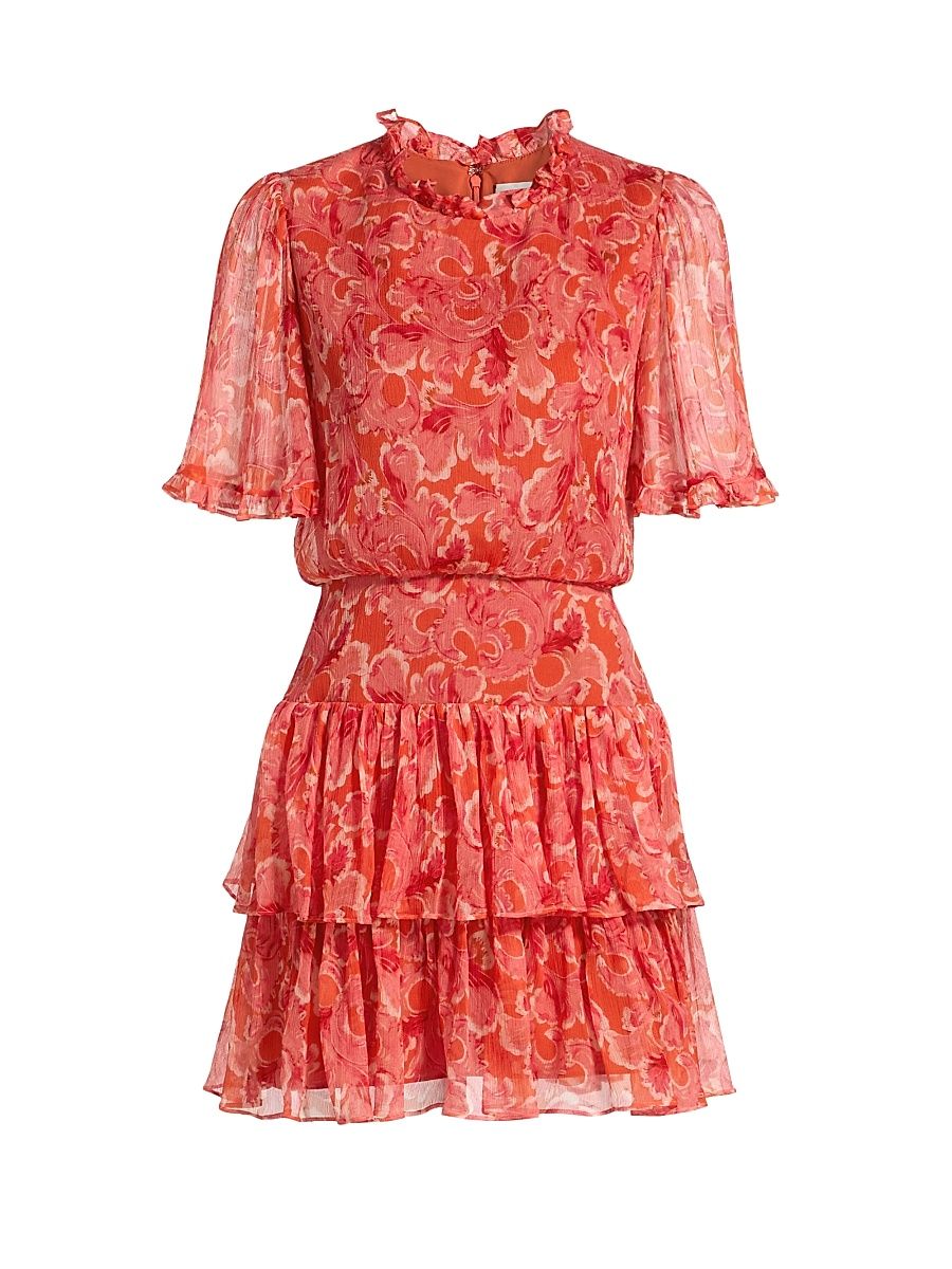 Women's Ava Floral Silk Ruffled Minidress - Traceri Rouge - Size 14