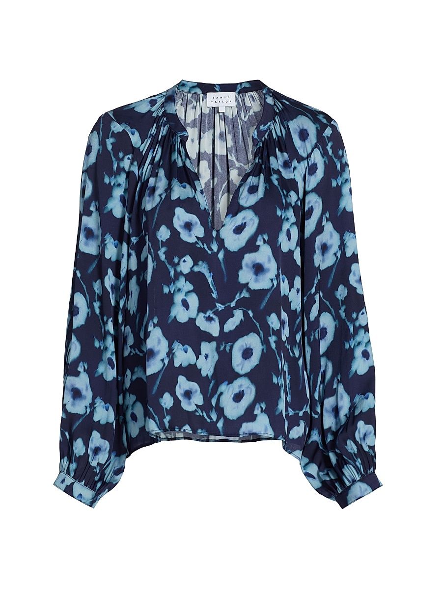 Women's Sonia Poppy Dots Silk-Blend Top - Maritime Blue Multi - Size XL