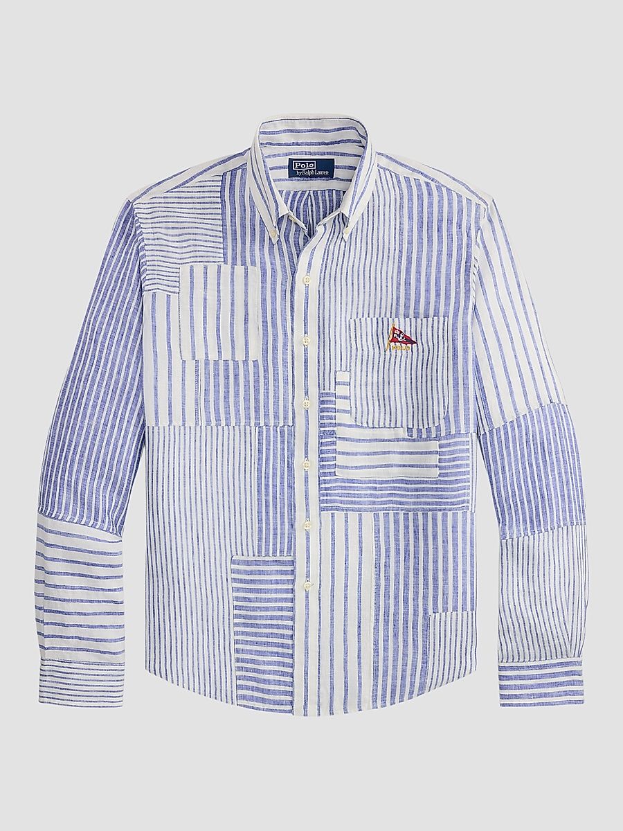 Men's Patchwork Stripe Linen Button-Front Shirt - Newport Stripe Piecing - Size XXL