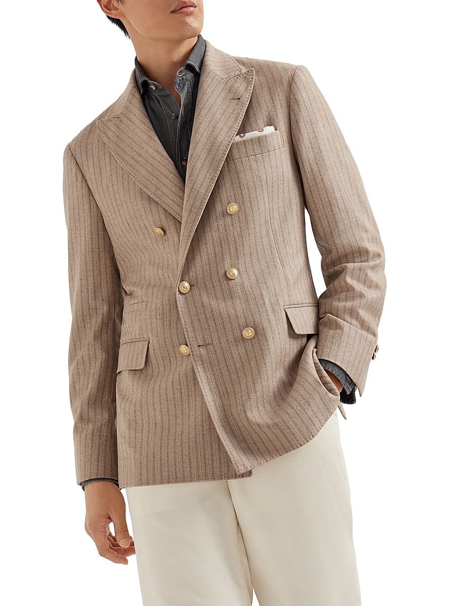 Men's Cashmere and Silk Multistrip Flannel One and a Half Breasted Deconstructed Blazer - Light Brown - Size 44