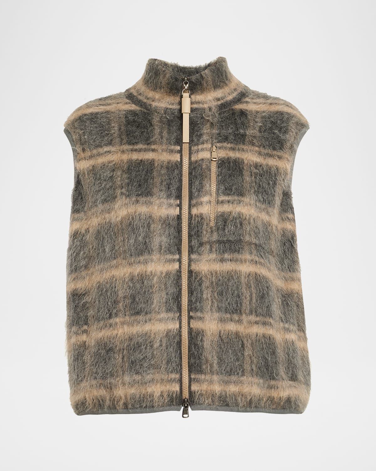 Fuzzy Check Wool-Mohair Zip Vest