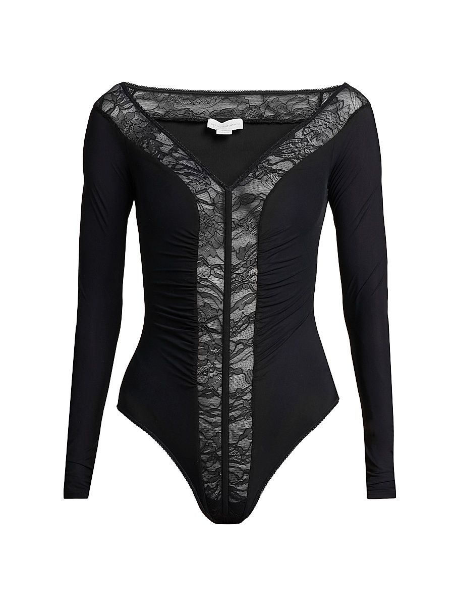 Women's Lace-Trimmed V-Neck Bodysuit - Black - Size XS