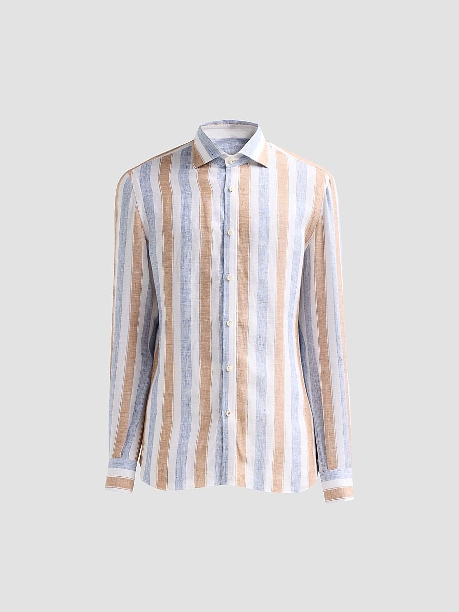 Men's Striped Linen Button-Front Shirt - White Brown - Size 17.5