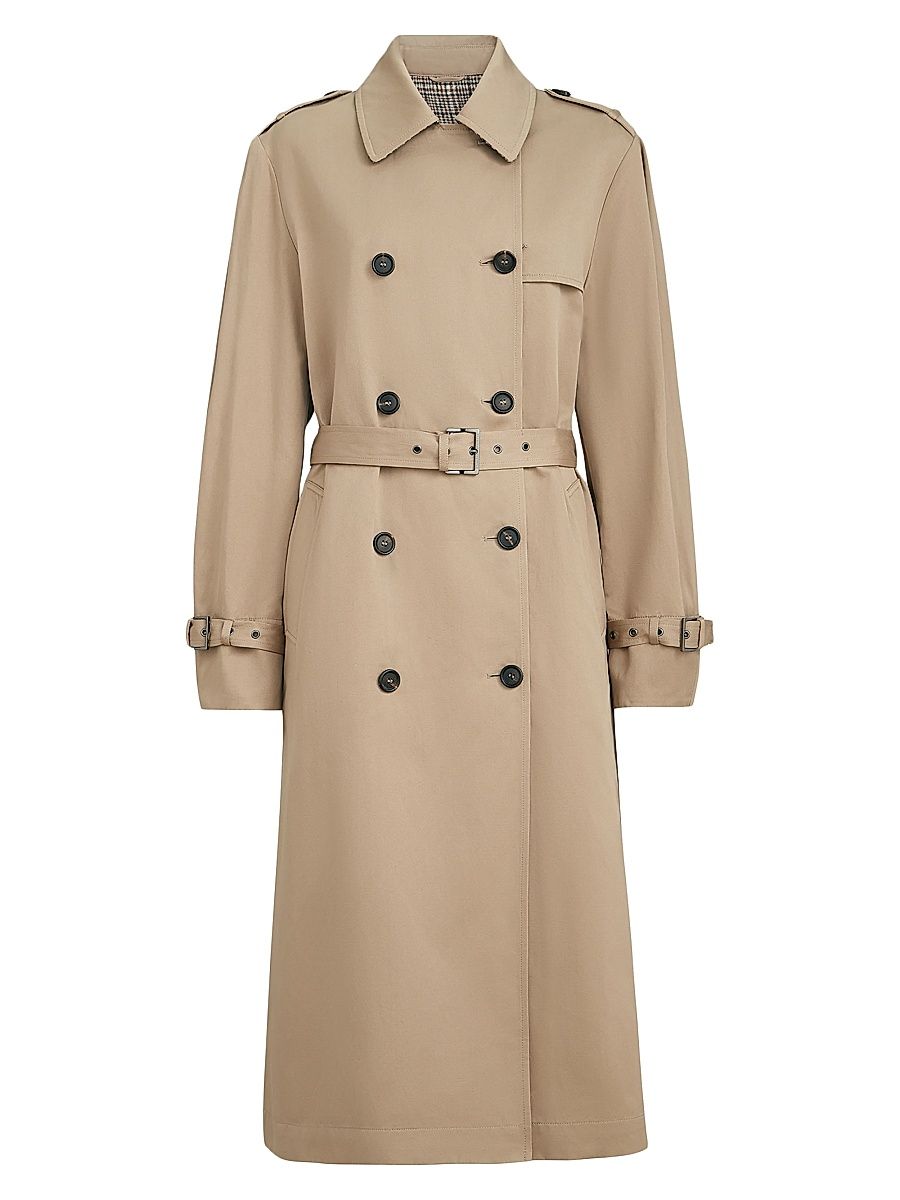 Women's Cotton and Linen Twill Trench Coat with Monili - Camel - Size 4
