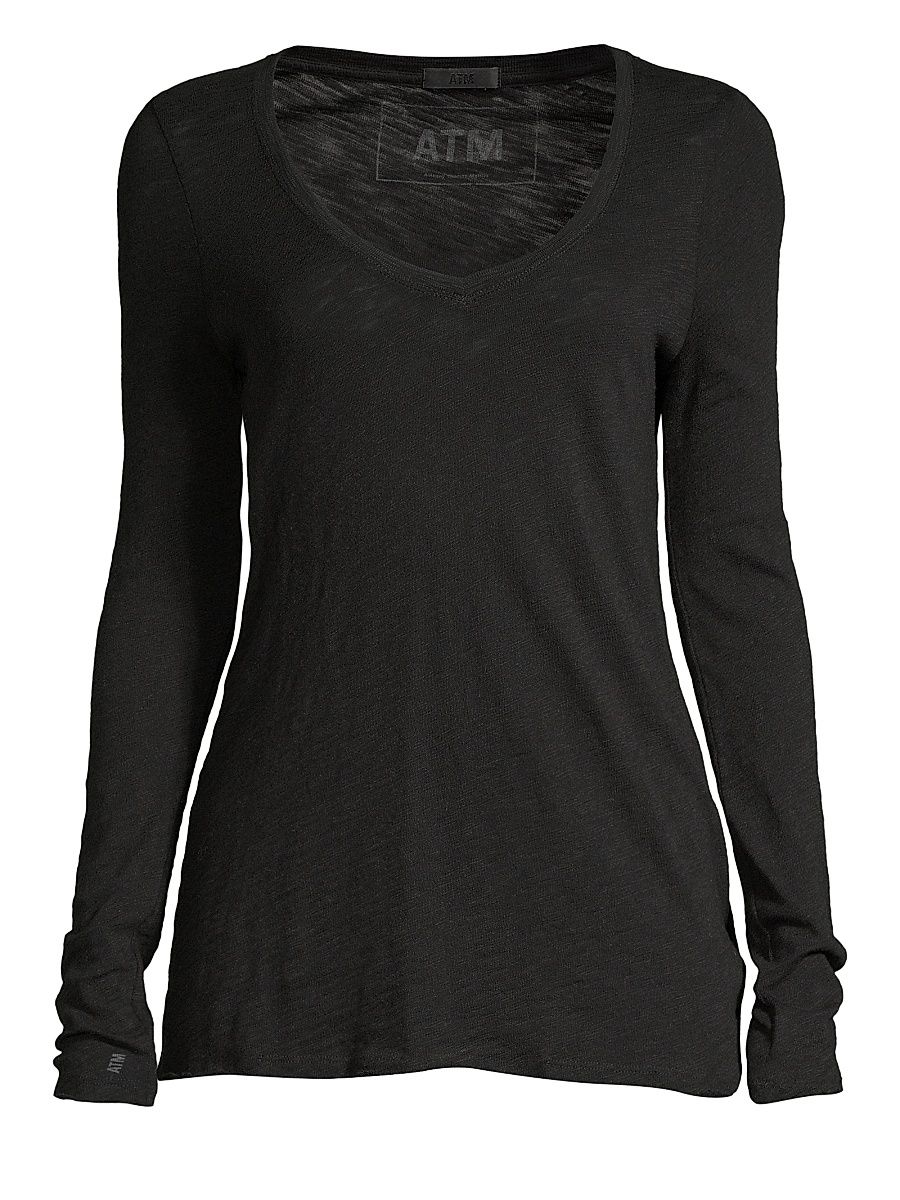 Women's Long-Sleeve V-Neck Slub Tee - Black - Size Large