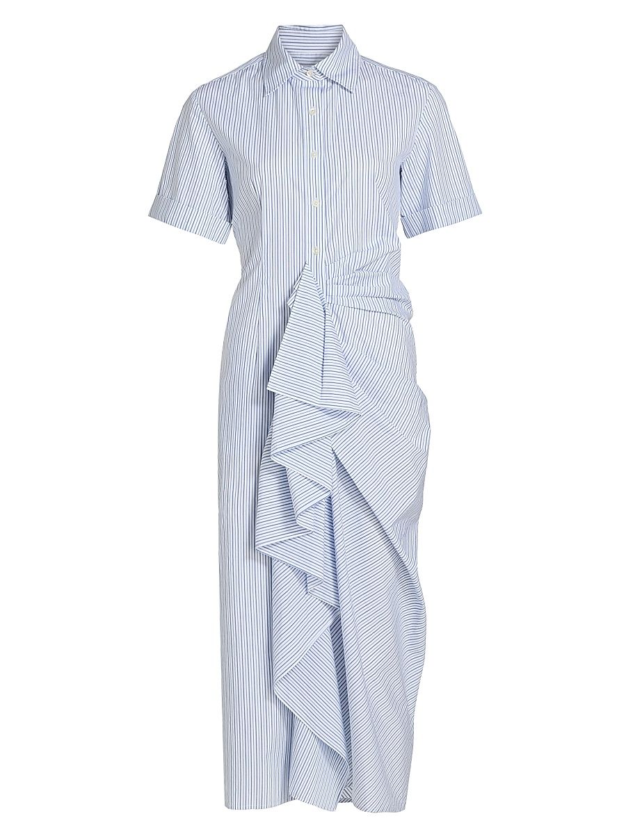 Women's Gathered Ruffle Cotton Poplin Shirtdress - Blue Stripe - Size 8