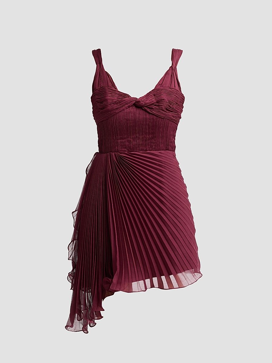 Women's Nova Pleated Twist-Front Mini Dress - Deep Carmine - Size 10