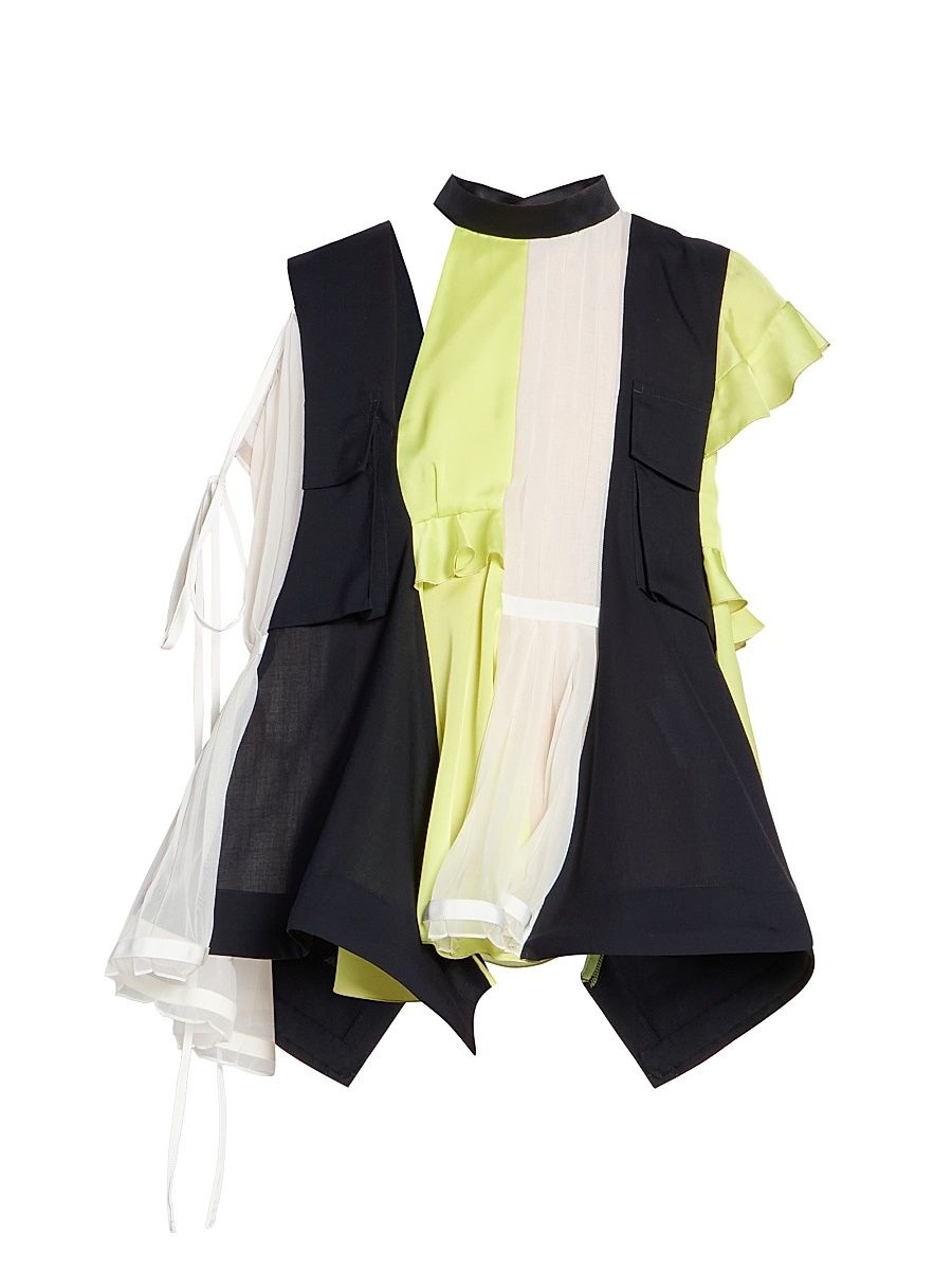 Women's Mixed-Media Drape Blouse - Navy Yellow - Size XL