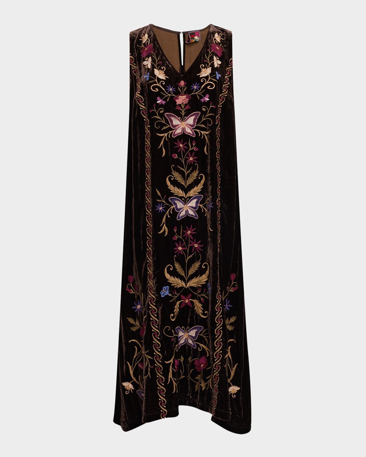 Sleeveless Floral-Embroidered Velvet Midi Dress