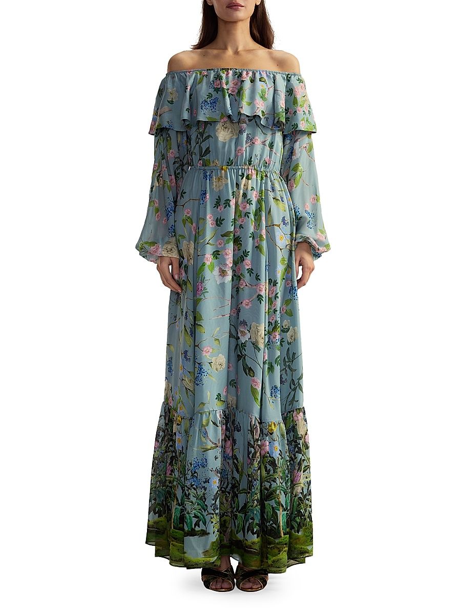 Women's Floral Silk Off-The-Shoulder Maxi Dress - Blue Floral - Size Large