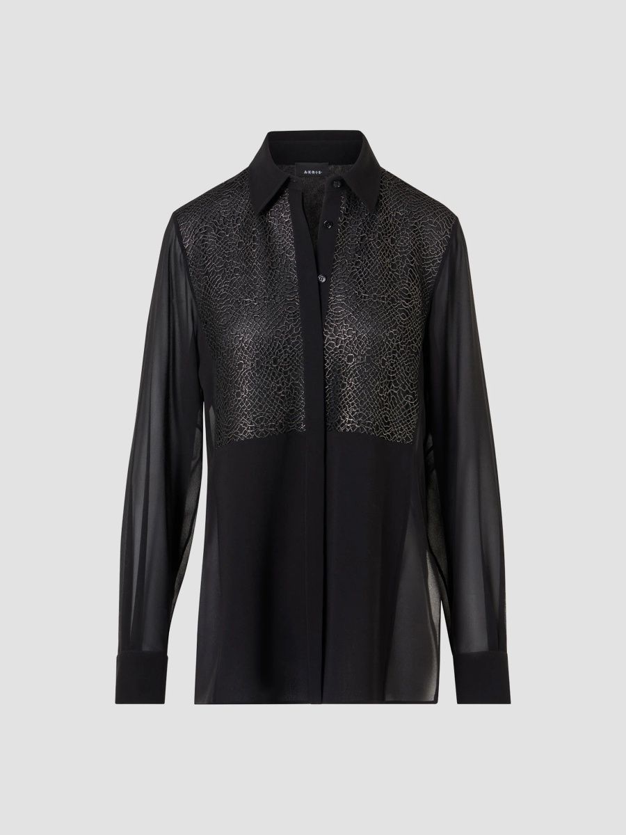 Akris Women's Lacquered-Laced Bodice Silk Tunic Blouse - Black - Size 16