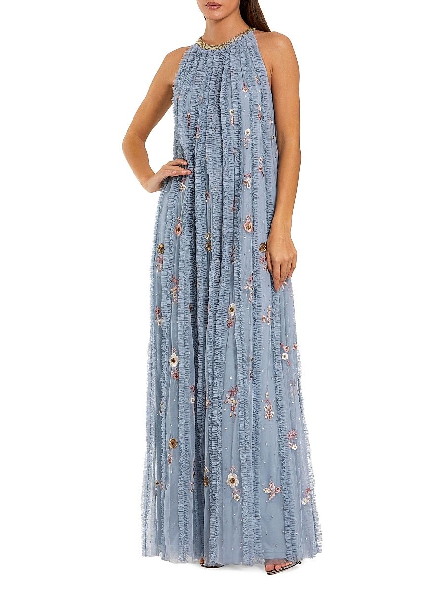 Women's Ruffled Floral Mesh Maxi Dress - Blue Multi - Size 2