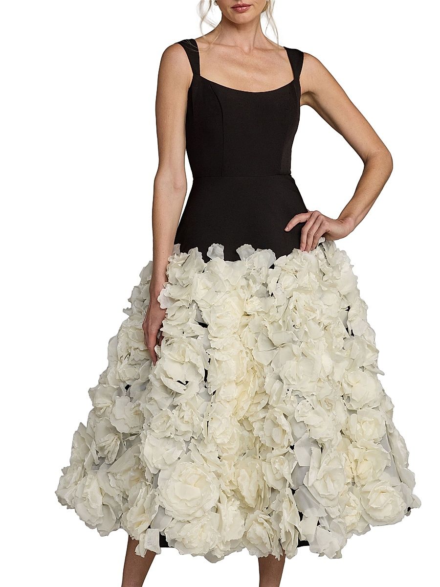 Women's 3D Floral Drop-Waist Midi-Dress - Black Cream - Size 12