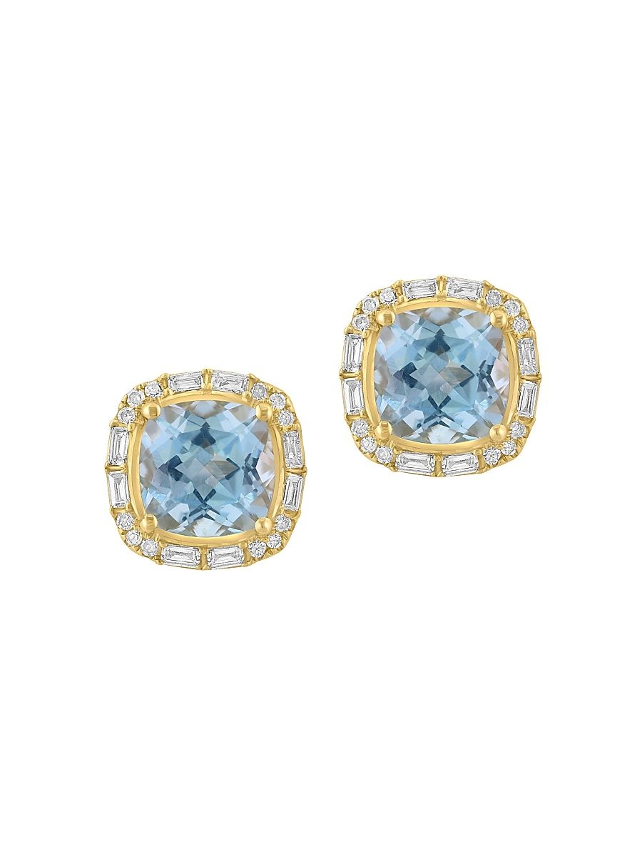 Women's 14K Yellow Gold, Blue Topaz & 0.41 TCW Diamond Halo Stud Earrings - Yellow Gold