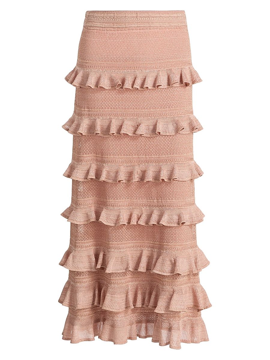 Women's Tiered-Frilled Midi-Skirt - Metallic Rose Gold - Size 10
