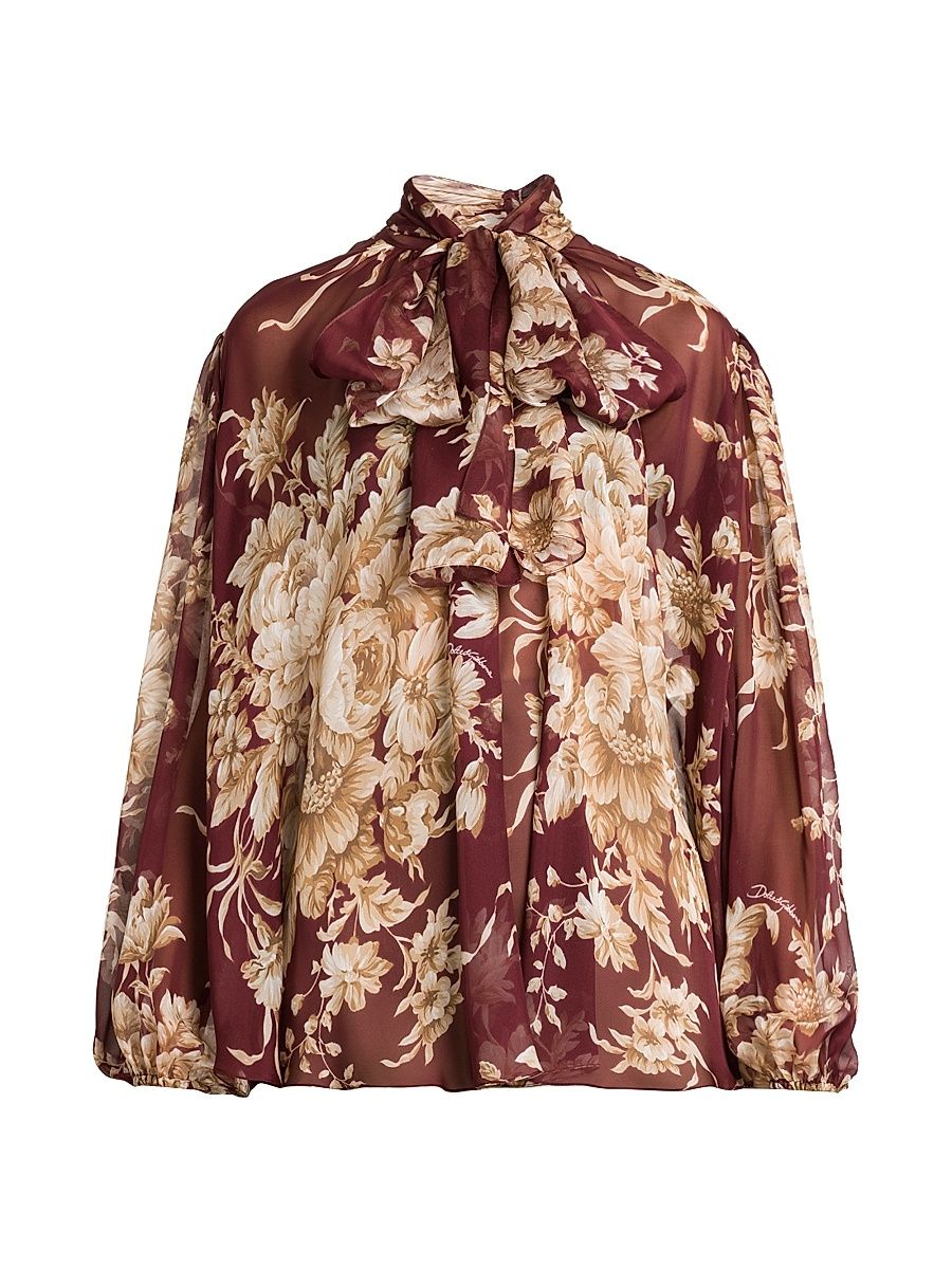 Women's Italian Tailoring Rose Silk Tie-Neck Blouse - Rose Cretonne F Bdx - Size 14