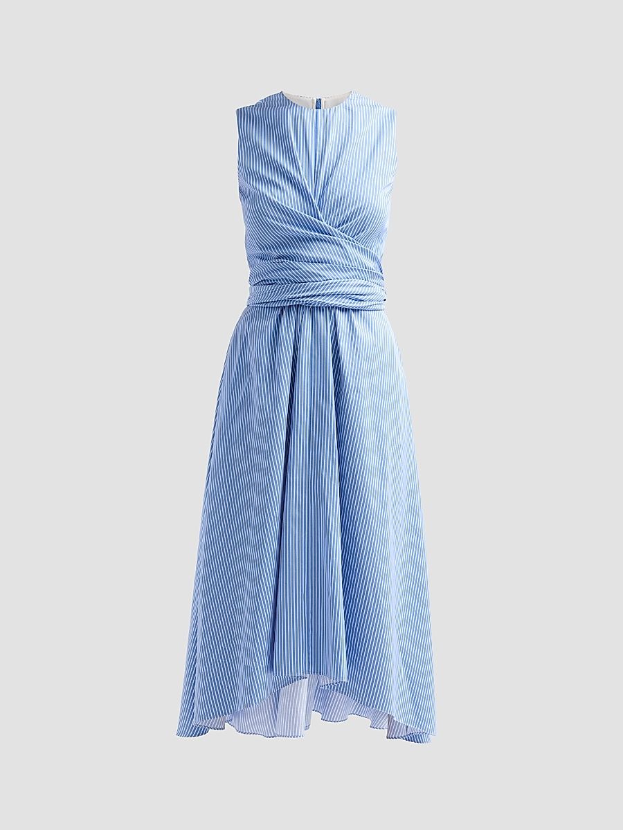 Women's Penny Pinstriped Cotton Poplin Midi Dress - Azure Stripe - Size 2