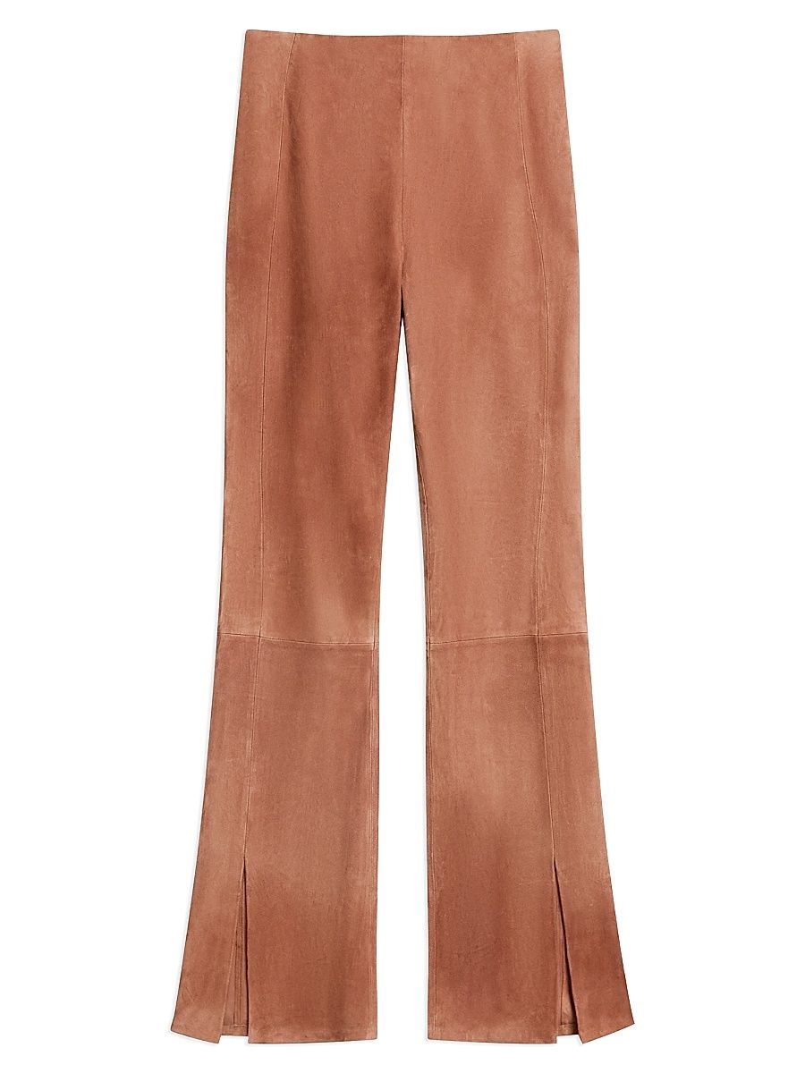 Women's Slit-Detail Leather Flared Pants - Caramel - Size 14
