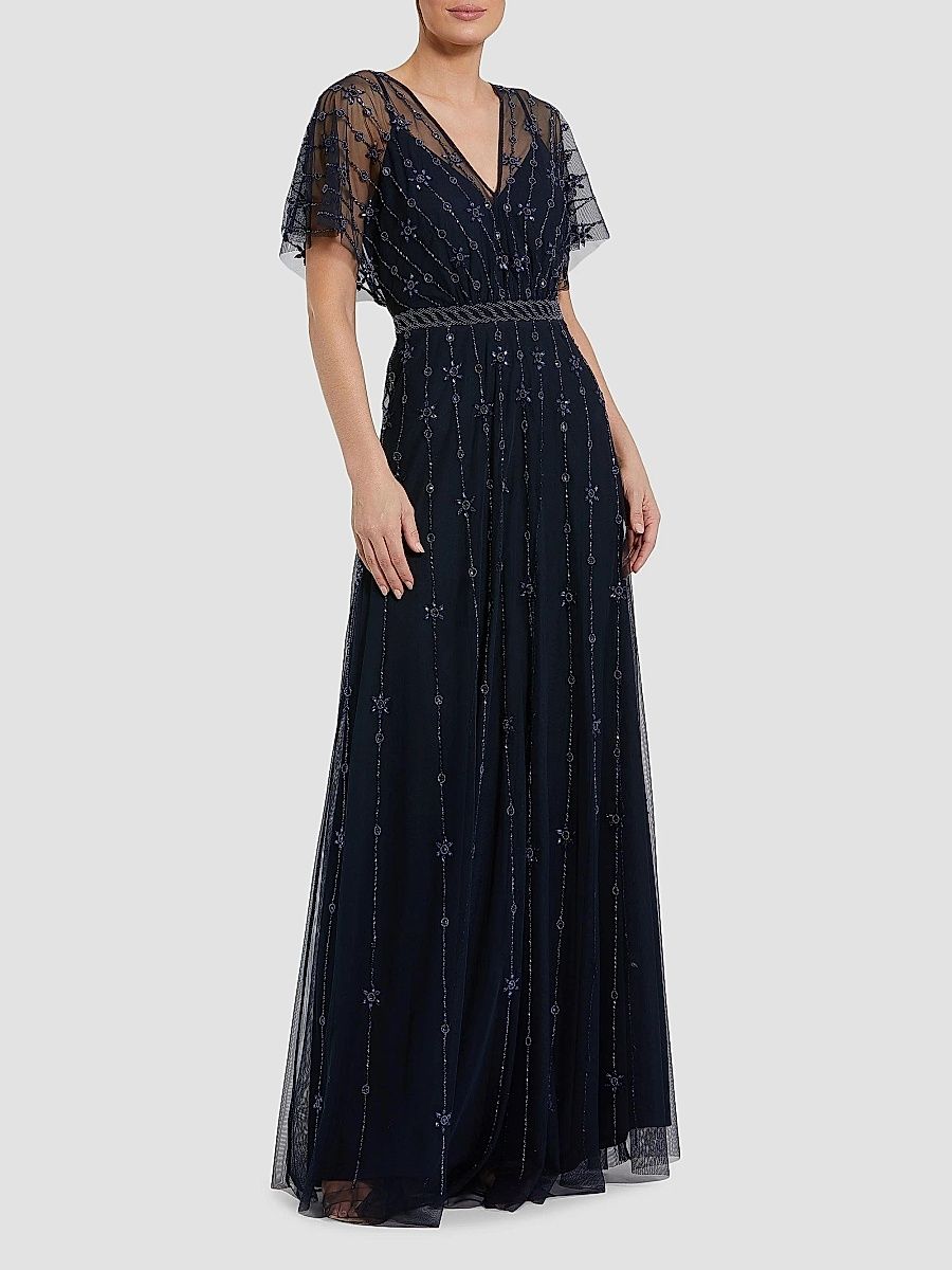 Mac Duggal Women's Crystal-Embellished Flutter-Sleeve A-Line Gown - Midnight - Size 16