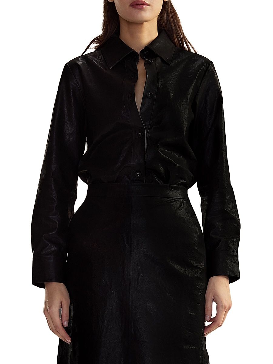 Women's Leather Button-Front Shirt - Black - Size Small