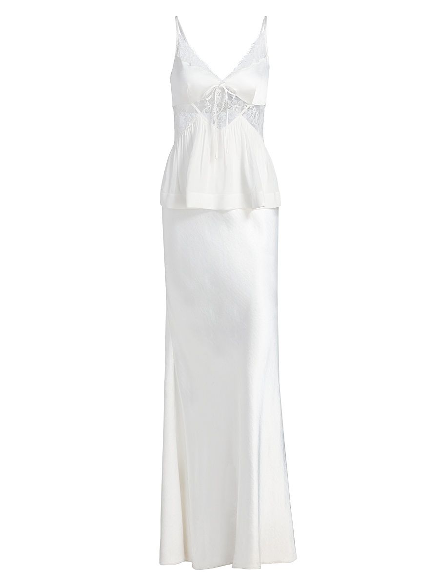 Women's Satin Georgette Lace-Trimmed Maxi Dress - White - Size 0