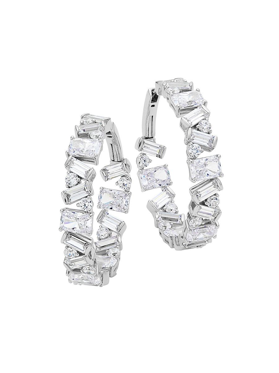 Women's Jazz Deco Rhodium-Plated & Cubic Zirconia Hoop Earrings - Rhodium