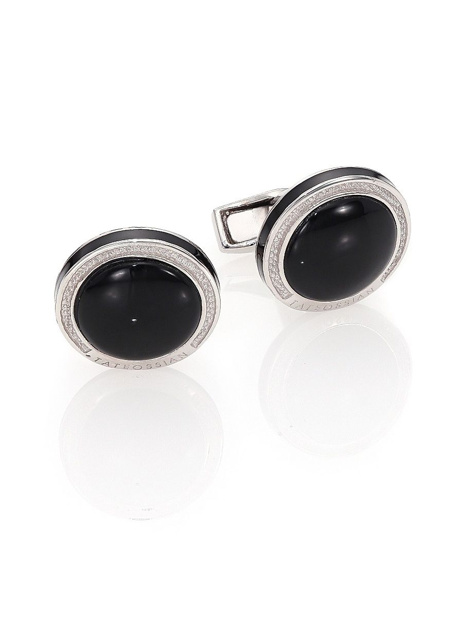 Men's Round Sterling Silver & Black Onyx Cuff Links - Silver Black