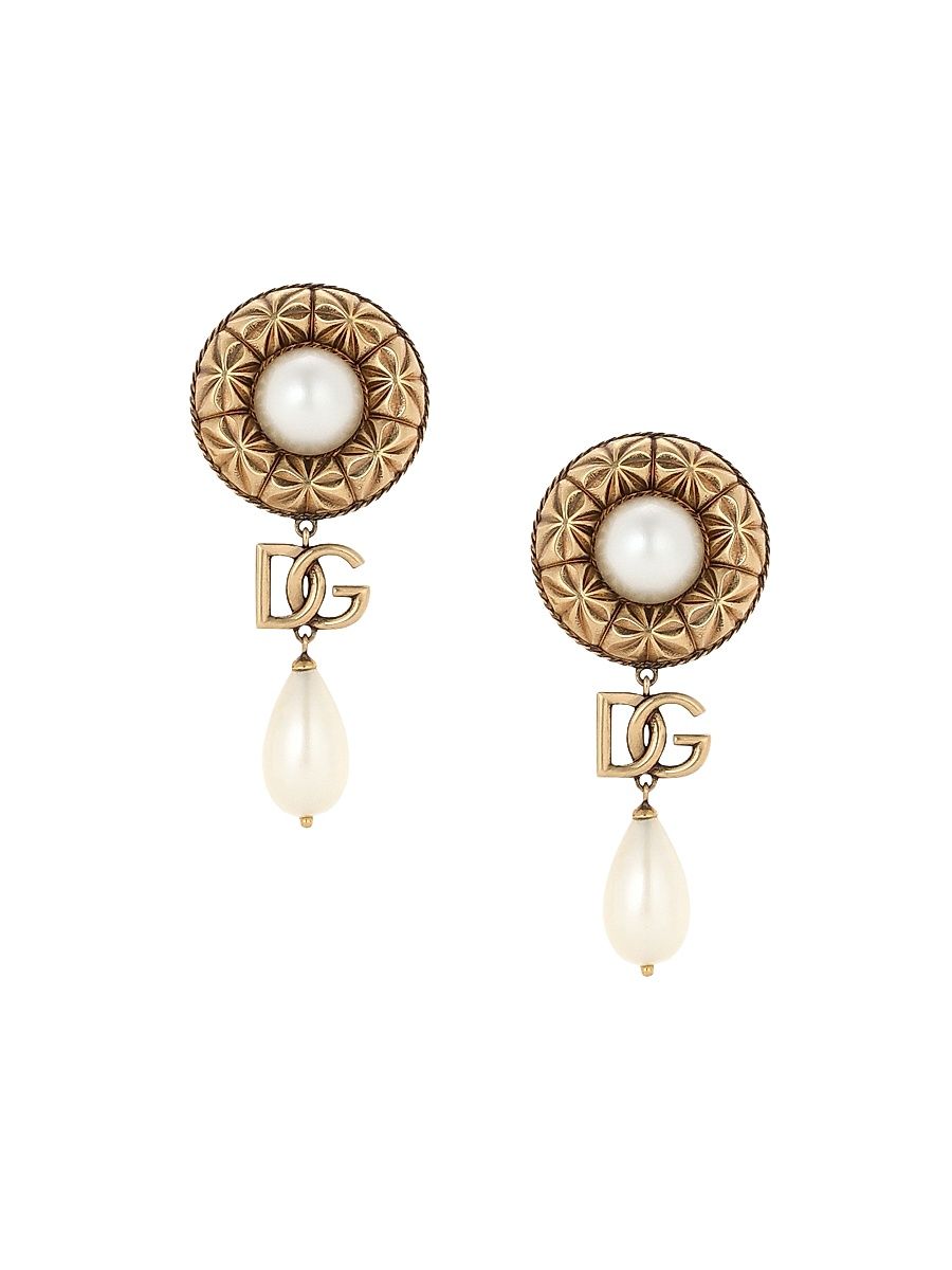 Women's Goldtone & Imitation Pearl Monogram Clip-On Drop Earrings - Yellow Gold