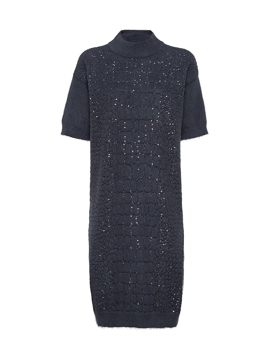 Women's Mohair Virgin Wool and Cashmere Knit Dress with Dazzling Croc Motif - Navy Blue - Size XXL