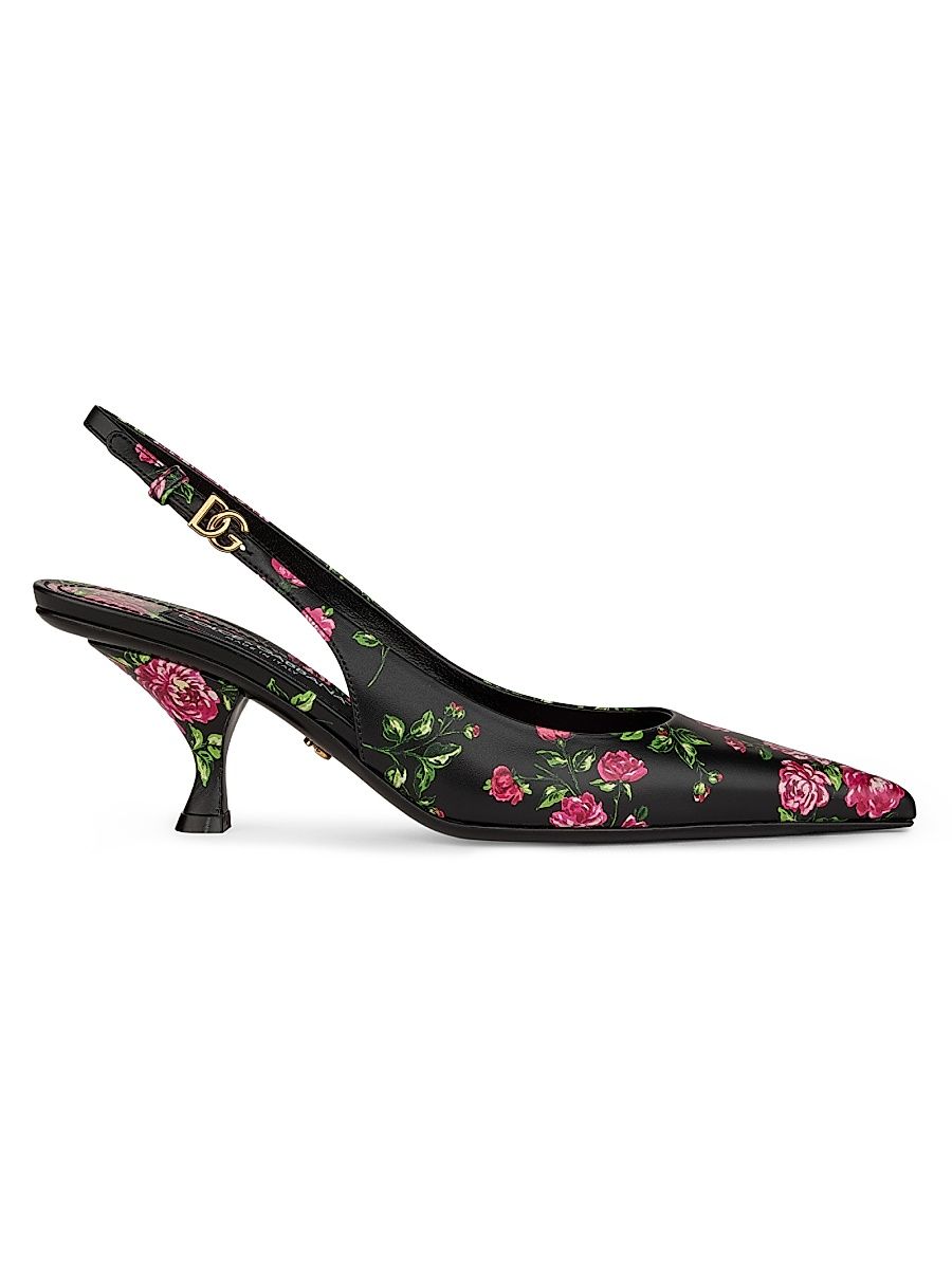 Women's Floral Leather Slingback Pumps - Mazzolini Rose Nero - Size 11
