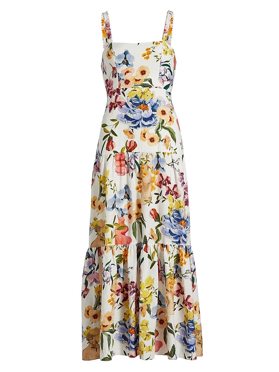 Women's Greek Garden Floral Linen-Blend Maxi Dress - Off White - Size Medium