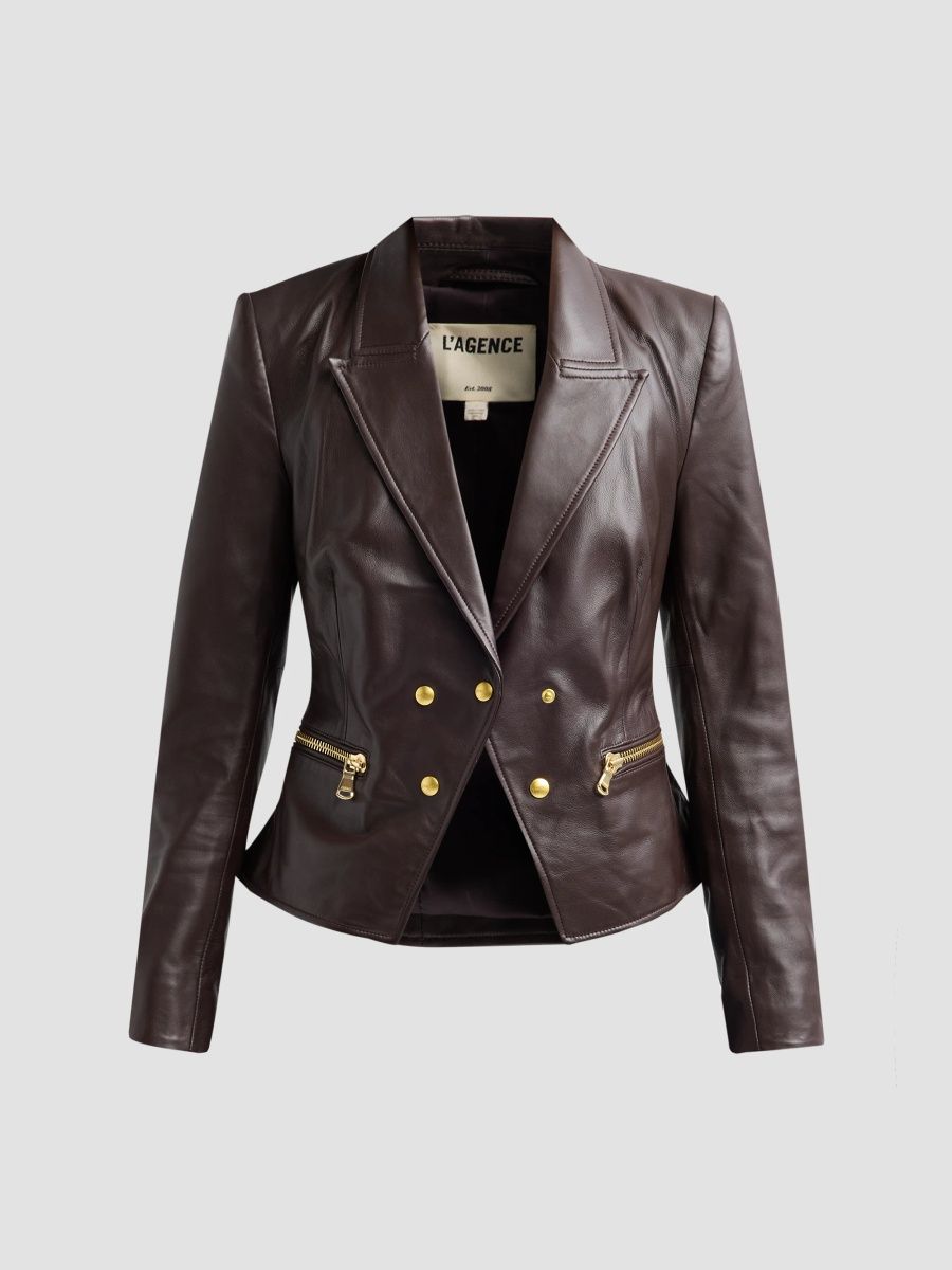 L'AGENCE Women's Fontaine Leather Double-Breasted Blazer - Dark Espresso - Size 12