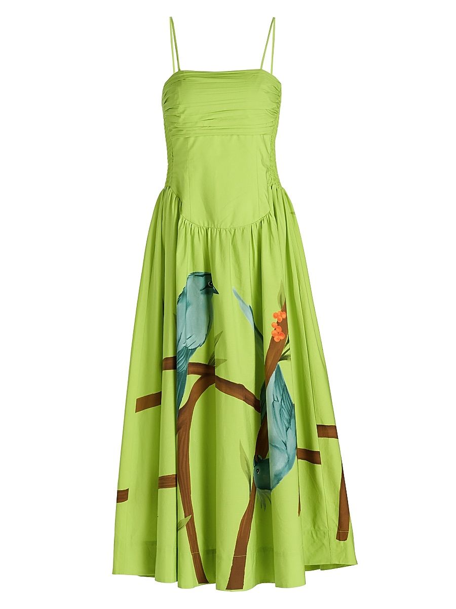 Women's Bird Print Poplin Tea-Length Dress - Green - Size XL