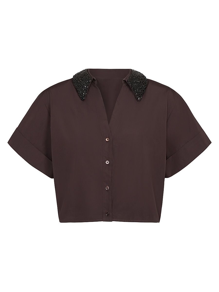 Women's She Comes And Goes Again Embellished Crop Shirt - Chocolate - Size Medium