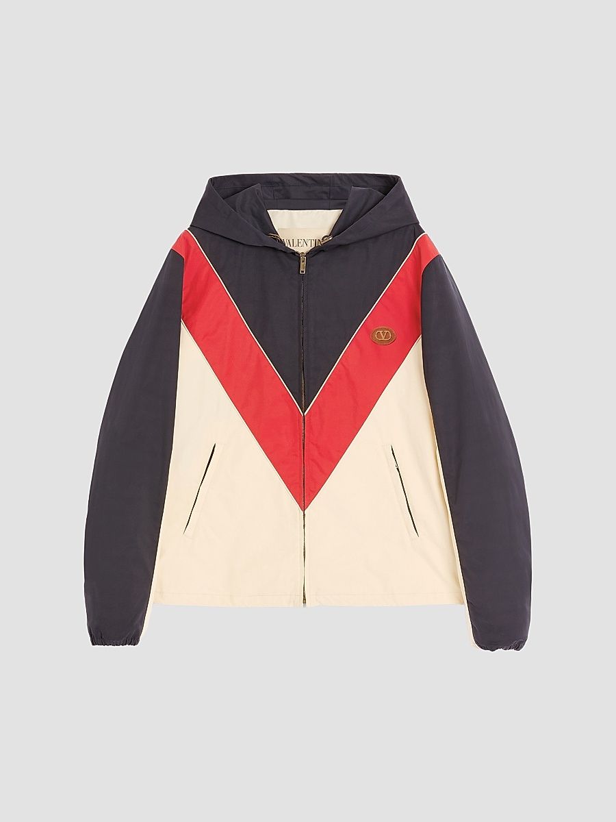 Men's Nylon Hooded Windbreaker with VLogo Patch - Navy Red Blue - Size 42