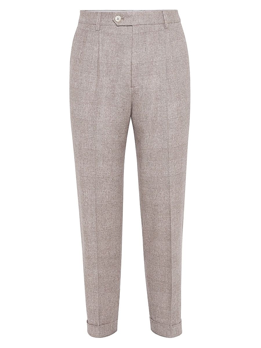 Men's Prince of Wales Flannel Leisure Fit Trousers with Double Pleats - Bark - Size 48