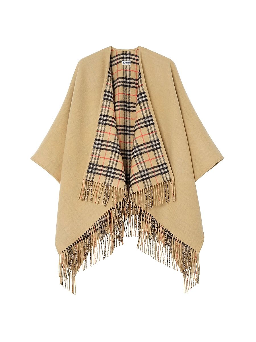 Women's Check Wool Fringe Cape - Sand