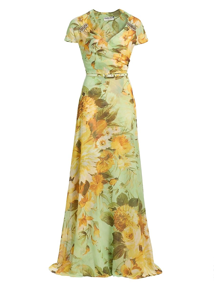 Women's Slavka Floral Embellished Belted Georgette Gown - Ingrid Gold - Size 10
