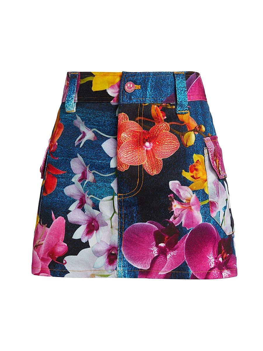 Women's Orchid Floral Denim Cargo Miniskirt - Navy - Size 28